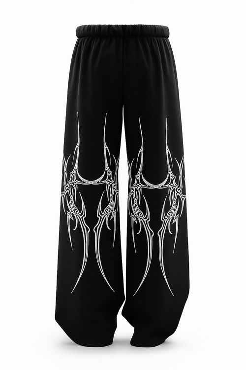 Black Tribal Flame Wide-Leg Pants