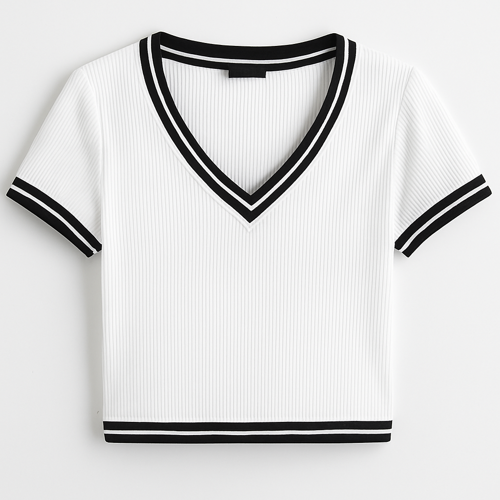 Retro Court Vibe Ribbed Crop Tee – White & Black